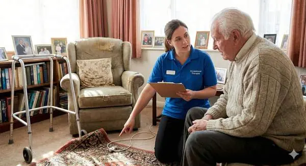 An occupational therapist going through a home assessment with an older man in his living room